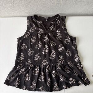 Lucky Brand Large Black Floral Sleeveless Peplum Top Cotton V-Neck Babydoll Soft